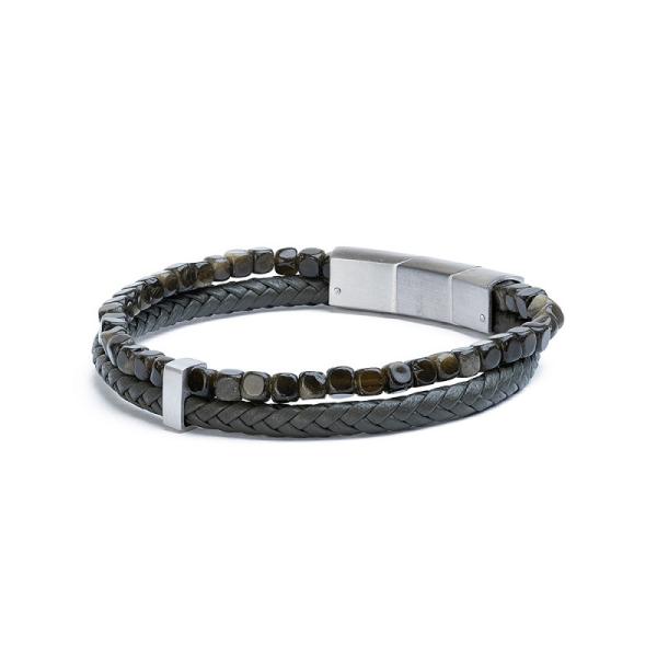 Doppeltes Armband mit grünem italienischem Leder und Obsidianstein - Double Green